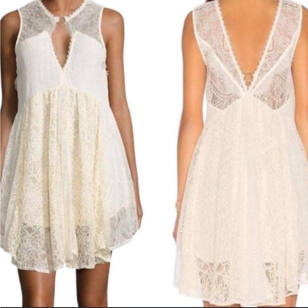 Free People Dont You Dare Lace Trim Mini Dress Boho Flare Beige Size Small